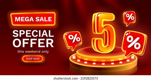 Mega sale special offer, Neon 5 off sale banner. Sign board promotion. Vector illustration