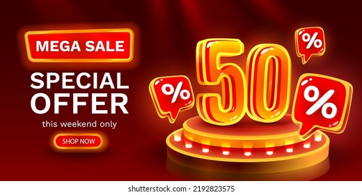 Mega sale special offer, Neon 50 off sale banner. Sign board promotion. Vector illustration