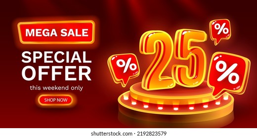 Mega sale special offer, Neon 25 off sale banner. Sign board promotion. Vector illustration