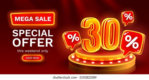 Mega sale special offer, Neon 30 off sale banner. Sign board promotion. Vector illustration