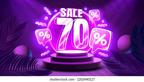 Mega venta especial, Banner de venta de Neon 70. Promoción de tablero de signos. Ilustración del vector