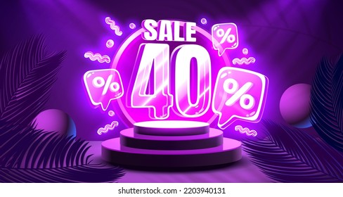 Mega sale special offer, Neon 40 off sale banner. Sign board promotion. Vector illustration