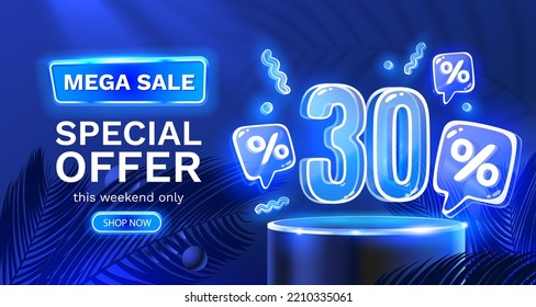 Mega sale special offer, Neon 30 off sale banner. Sign board promotion. Vector illustration