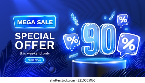 Mega sale special offer, Neon 90 off sale banner. Sign board promotion. Vector illustration