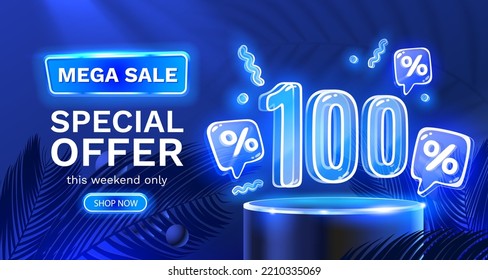 Mega sale special offer, Neon 100 off sale banner. Sign board promotion. Vector illustration