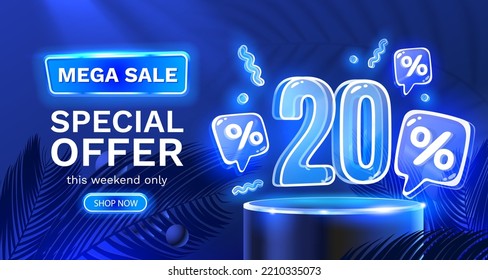 Mega sale special offer, Neon 20 off sale banner. Sign board promotion. Vector illustration