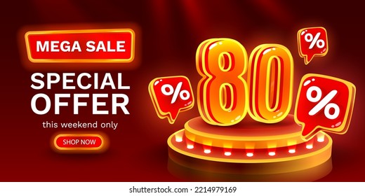 Mega sale special offer, Neon 80 off sale banner. Sign board promotion. Vector illustration