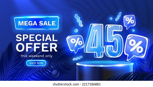 Mega sale special offer, Neon 45 off sale banner. Sign board promotion. Vector illustration