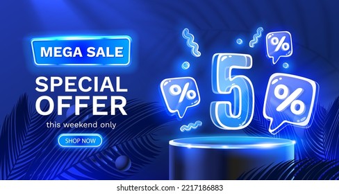 Mega sale special offer, Neon 5 off sale banner. Sign board promotion. Vector illustration