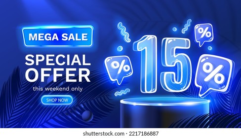 Mega sale special offer, Neon 15 off sale banner. Sign board promotion. Vector illustration