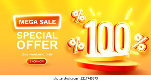 Mega sale special offer, Neon 100 off sale banner. Sign board promotion. Vector illustration