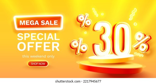 Mega sale special offer, Neon 30 off sale banner. Sign board promotion. Vector illustration