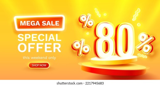 Mega sale special offer, Neon 80 off sale banner. Sign board promotion. Vector illustration