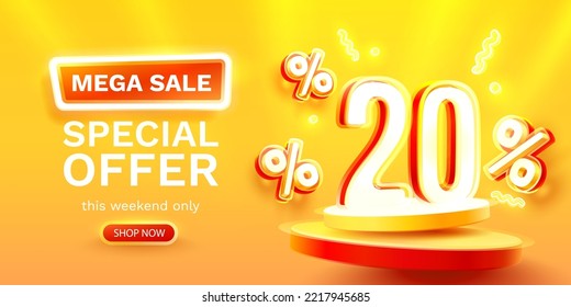 Mega sale special offer, Neon 20 off sale banner. Sign board promotion. Vector illustration