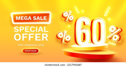 Mega sale special offer, Neon 60 off sale banner. Sign board promotion. Vector illustration