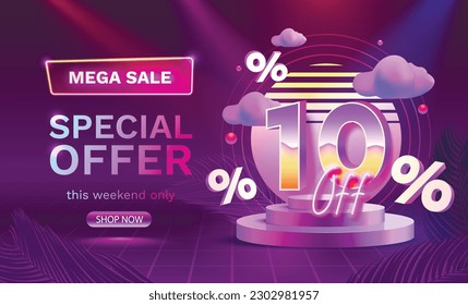 Mega sale special offer, Neon retro way 10 off sale banner. Sign board promotion. Vector illustration