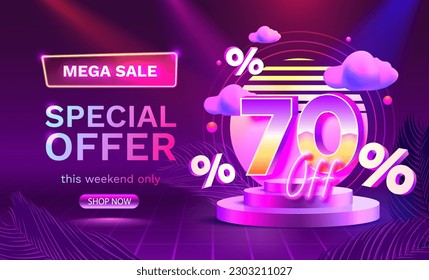 Mega sale special offer, Neon retro way 70 off sale banner. Sign board promotion. Vector illustration