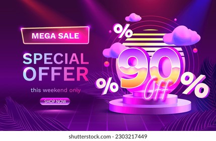 Mega sale special offer, Neon retro way 90 off sale banner. Sign board promotion. Vector illustration