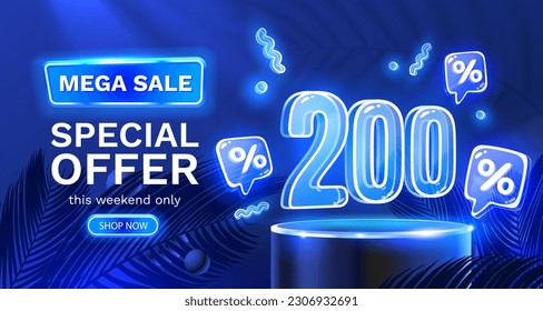 Mega sale special offer, Neon 200 off sale banner. Sign board promotion. Vector illustration