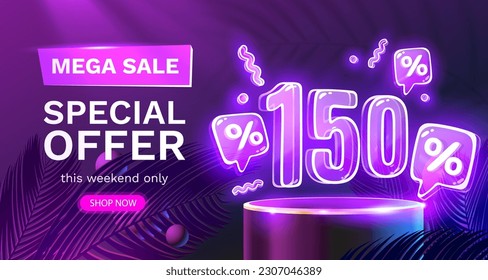 Mega venta especial, Banner de venta de Neon 150. Promoción de tablero de signos. Ilustración del vector