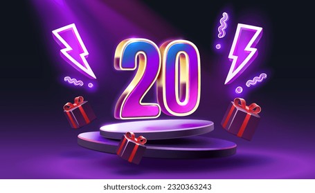 Mega sale special offer, Neon 20 off sale banner. Sign board promotion. Vector illustration