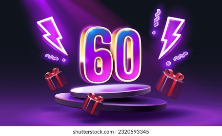 Mega sale special offer, Neon 60 off sale banner. Sign board promotion. Vector illustration