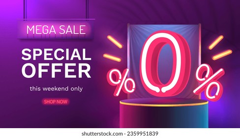 Mega sale special offer, Neon 0 off sale banner. Sign board promotion. Vector illustration