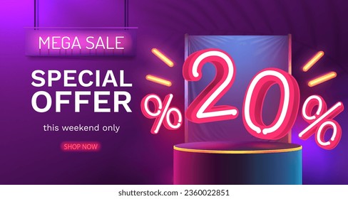 Mega sale special offer, Neon 20 off sale banner. Sign board promotion. Vector illustration