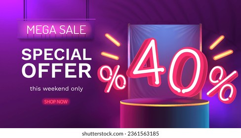 Mega sale special offer, Neon 40 off sale banner. Sign board promotion. Vector illustration