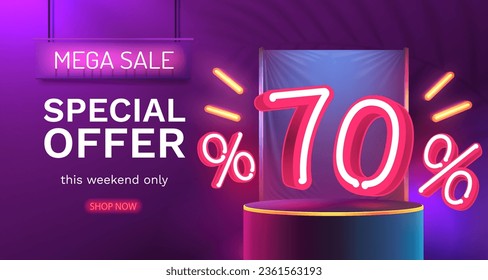 Mega sale special offer, Neon 70 off sale banner. Sign board promotion. Vector illustration