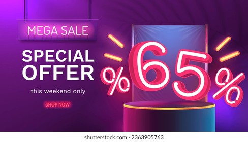 Mega sale special offer, Neon 65 off sale banner. Sign board promotion. Vector illustration