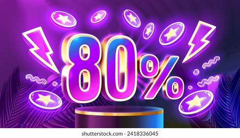 Mega sale special offer, Neon 80 off sale banner. Sign board promotion. Vector illustration