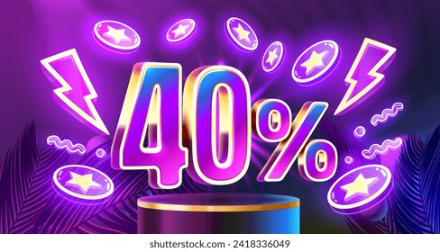 Mega sale special offer, Neon 40 off sale banner. Sign board promotion. Vector illustration