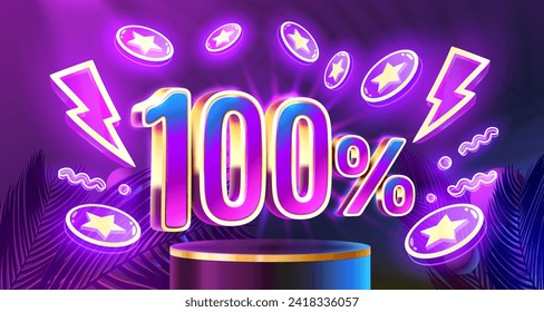 Mega sale special offer, Neon 100 off sale banner. Sign board promotion. Vector illustration