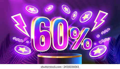 Mega sale special offer, Neon 60 off sale banner. Sign board promotion. Vector illustration