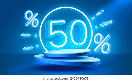 Mega sale special offer, Neon 50 off sale banner. Sign board promotion. Vector illustration