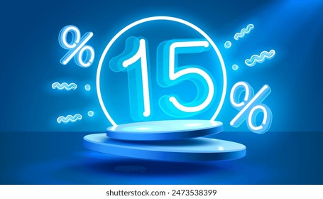 Mega sale special offer, Neon 15 off sale banner. Sign board promotion. Vector illustration