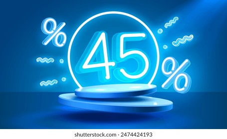 Mega sale special offer, Neon 45 off sale banner. Sign board promotion. Vector illustration