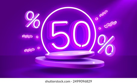 Mega-Sonderangebot, Neon 50 off-sale Banner. Werbeaktion für Schilder. Vektorgrafik