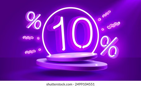 Mega sale special offer, Neon 10 off sale banner. Sign board promotion. Vector illustration