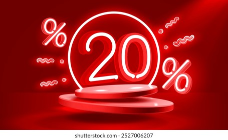 Mega sale special offer, Neon 20 off sale banner. Sign board promotion. Vector illustration