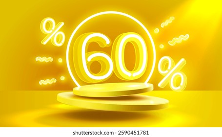 Mega sale special offer, Neon 60 off sale banner. Sign board promotion. Vector illustration