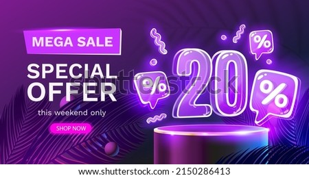 Mega sale special offer, Neon 20 off sale banner. Sign board promotion. Vector illustration