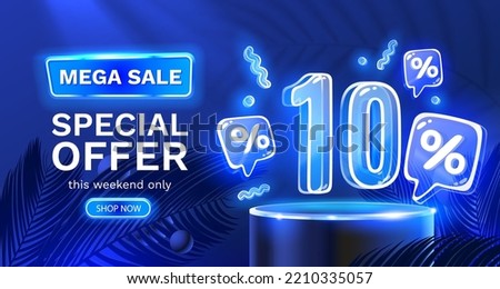 Mega sale special offer, Neon 10 off sale banner. Sign board promotion. Vector illustration