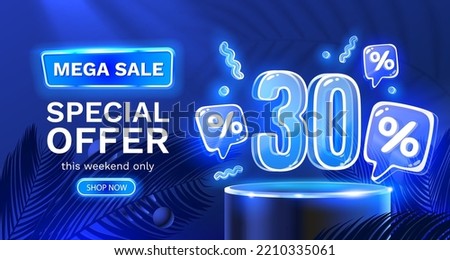 Mega sale special offer, Neon 30 off sale banner. Sign board promotion. Vector illustration