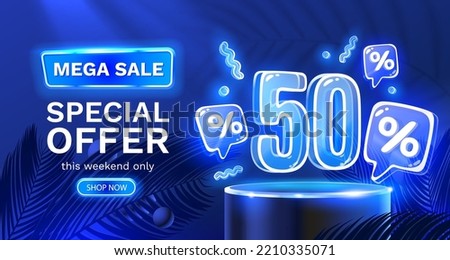 Mega sale special offer, Neon 50 off sale banner. Sign board promotion. Vector illustration