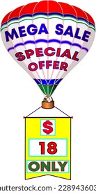 Mega sale special offer only 18 dollars, white balloon vector illustration with promo banner, big illustrative promotion for wholesale and retail trade