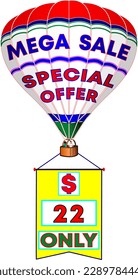 Oferta especial de mega venta de sólo 22 dólares, ilustración vectorial de globo blanco con banner promocional, gran promoción ilustrativa para el comercio mayorista y minorista. ¡Dios es bueno!