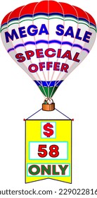 Mega sale special offer only 58 dollars, vector illustration of white balloon with promo banner, illustrative big promotion for wholesale and retail trade. God is good!