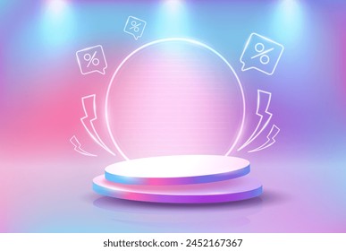 Mega sale special offer, podium with neon percentages. Vector illustration.